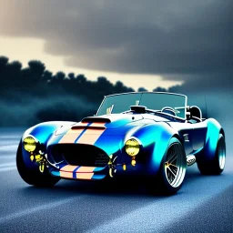 Shelby Cobra 427, blue color, cool color palette, vivid, sharp focus, puddle reflection, refraction, mist on the horizon, overcast, detailed and intricate, intense cinematic composition, redshift style, photorealistic shot