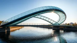 A breathtaking pedestrian bridge with a double helix design, curving elegantly over a calm river. The entire structure is made of transparent glass, giving the illusion that the bridge is floating above the water. The twisted helical shape reflects the sunlight, casting intricate shadows on the river’s surface. Award-winning photograph.