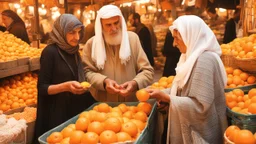 A full-length Palestinian girl wearing an embroidered dress and a white embroidered shawl buys oranges from an old seller wearing a keffiyeh in the market of Jerusalem, 100 years ago, at night with multi-colored lights reflecting on her.