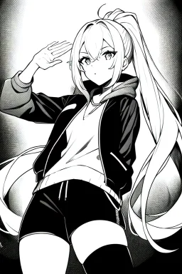 blonde girl with ponytails dressed in a jacket and shorts walks proudly, greyscale