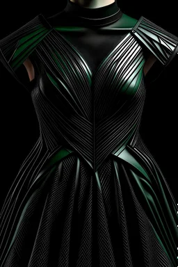 A dark green leather dress, off the shoulder, without sleeves, inspired by the fractal in geometry used in pleats.