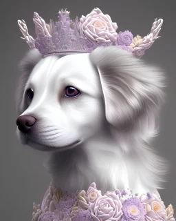 Ultra realistc natural puppy in white dress with white hair. Around lilac, indigo, bianco giallo and pink natural roses. White backgroung. An intricate detailed white 3D paper patchwork, crown, diadem, fantasy, rose tones, beautiful