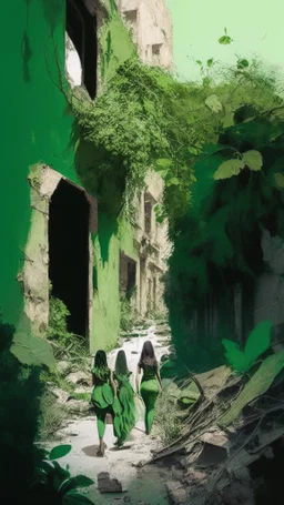 ruined street with women and green bushes