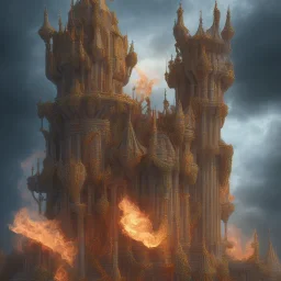 fantasy tower, staircase leading to sky, flames as clouds, ,great pose,magnificent, majestic, highly intricate, incredibly detailed, ultra high resolution, complex 3d render,