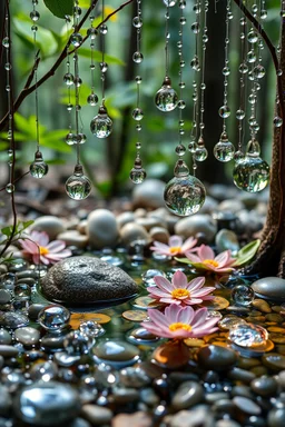 A house full of small pond in the middle of the forest, transparent glass pebbles, transparent glass flowers, tenderness, elegance, hyperdetail, glass threads, water drops on threads, spheres of different sizes, sophistication, crystal shine, crystal pendants, globes, rainbow rain