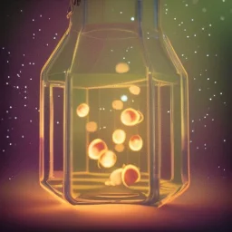 glowing fireflies in a lantern, many ghostly lights inside a belljar, fairy lights, polaroid, symmetry, bioluminescence, luminescent glow, moody, tender, photorealistic, octane render, golden hour