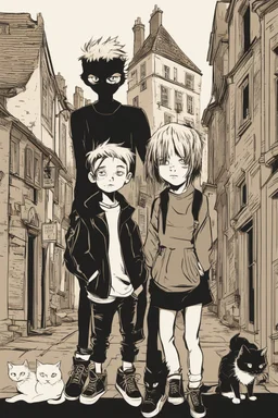 three teenage street children two boys and one punk girl in book-cover poses on the screen of an old town plus a black cat as a companion, graphic style