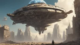 A small, wide, squat Spaceship hovering in a ruined alien city, surrounded by tall damaged buildings, clear blue sky, small white clouds, photorealistic