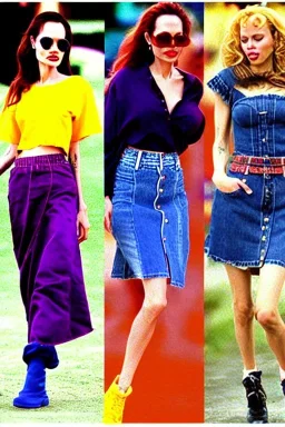 year 1996 denim fashion. Loose skirt, low waist. Colors: denim blue, blue, purple, cream, khaki, light green, lilac, plum, orange, terracotta, red, light yellow, lion yellow, pink, dark blue, beige. Angelina Jolie, Kylie Minogue, Angelika Kallio, Tyra Banks,