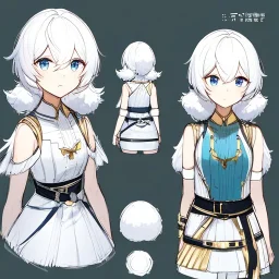 Clear focus, High resolution, rough line sketch art, short fluffy white hair, hair between eyes, fluffy hair, blue eyes, wearing a sleeveless shirt, wearing short skirt, detailed outfit, lots of details, bow on belt, white belt, white and blue everywhere on outfit, cut sleeve, yellow chains around outfit, concept art