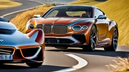 A sleek with livery (((bmw bentley))), its contours and details perfectly captured in a (((cinematic view))), zipping along a winding road under a beautiful blue fresh morning sky