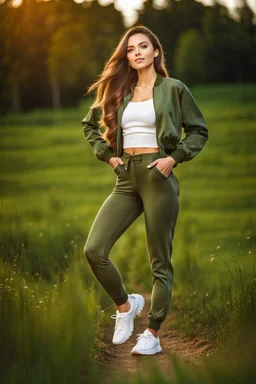 fullbody shot of young-beautiful-girl-with-a-perfect-face wearing pants and thight blouse and jacket sport shoes standing in country side green field day lights