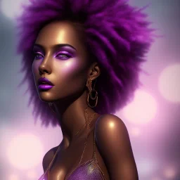 full body shot, masterpiece, best quality, black skinned, sparkling eyes, fluorescent skin,purple-dark makeup, gangsta style , highly detailed body, sun light, 4K, RAW, depth of field, high contrast, realistic details, 24mm