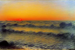 Amazing sunset, sea waves, sand, max liebermann and claude monet painting