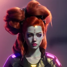 Pretty cyber woman, red hair, sci-fi, sweet face, black, gold, brown, geisha style, symmetric plane, neon style, a lot of led lights, fog, rain, leather coat, vibrant color, highly detailed, art stations, concept art, smooth, unreal engine 5, god rays, ray tracing, RTX, lumen lighting, ultra detail, volumetric lighting, 3d, finely drawn, high definition, high resolution.