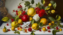 Pintura barroca con granadas abiertas, limones, rosas rojas y hojas de olivo. Un sencillo avión de papel blanco atraviesa la escena como un elemento imposible.