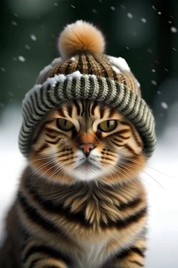 eine lustige Fotorealisrische tiger katze im schnee mit hut