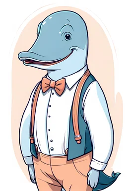 Anthropomorphic whale in a suit with suspenders, in pastel colors, in full growth, character sheet