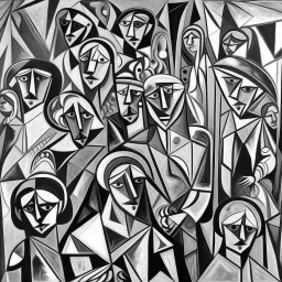 picasso cubism crowd of people black and white woman and child in middel