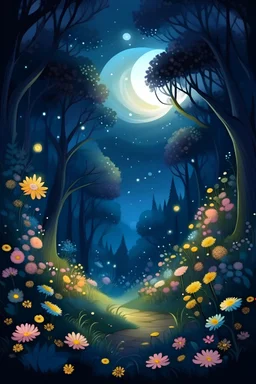 bosque mágico, de noche, la luna en el fondo ilumina, flores de colores pastel, arboles iluminados por luciérnagas
