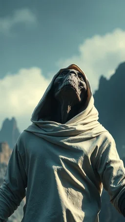 The creature from the the movie Prometheus with white hooded clothes looking to the sky