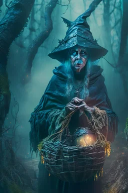 portrait of witch with shiny basket, prehistoric forest, trending art, 8k, depth of field, volumetric fog, hi detail, spray paint