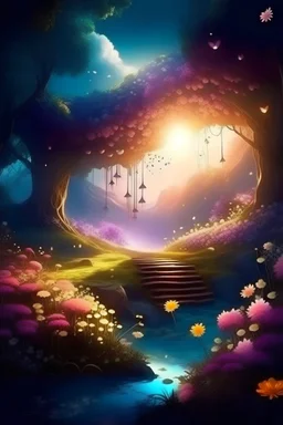 Magic and beautiful farytail world with beautiful flowers, strong lights and magic trees