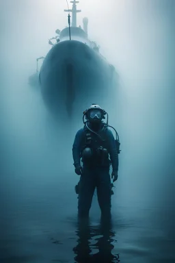 A ghostly navy diver standing in water up to his knees surrounded by a ghostly blue mist. A wrecked Russian submarine is seen in the background.