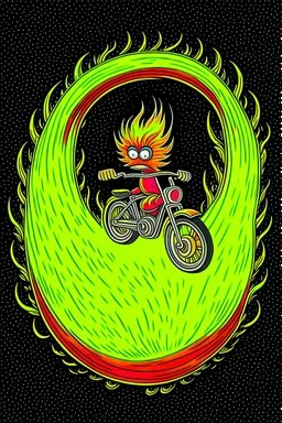 lorax on motorbike jumping through flaming hoop