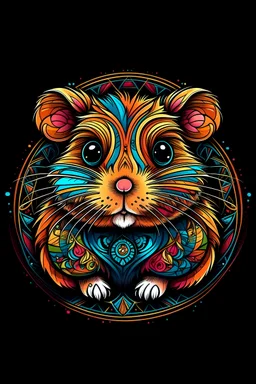 a cute hamster, vivid colors, crisp line art , black background , aspect ratio = 2:3 , mandala