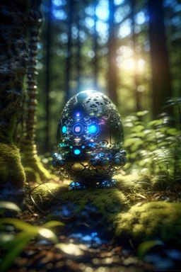 picture of a magical forest sparkling with light,cute chat robot inside transparent egg,shot on Hasselblad h6d-400c, zeiss prime lens, bokeh like f/0.8, tilt-shift lens 8k, high detail, smooth render, down-light, unreal engine, prize winning