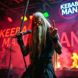 a very thin swedish viking man, evil with very long blonde hair (2 meter), (fat glowing eyes), he is called "KEBAB MAN" performing at death metal club, his name is "KEBAB MAN" kebab rolls On stage, kebab Neon lights and smog, and "KEBAB MAN" big sign on the wall, kebab tribal tattooes, spinning kebab machines, flames and smoke, chaos, he using gasolin and pour it on the kebab on the stage