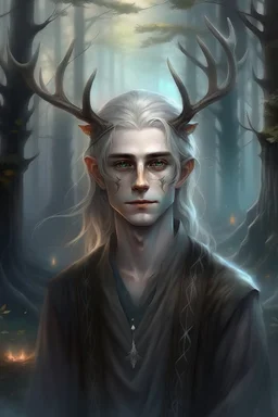 A fantasy portrait of a thin teen boy a with elegant antlers standing amongst a misty forest, pale skin, long silver hair, lean and athletic, simple clothing, dark background, glowing light above, delicate line work, intricate details,