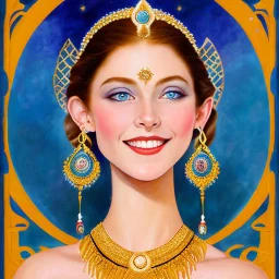 painting of a woman with blue eyes and a smile on her face, inspired by Laurel Burch, wearing pearl earrings, as a tarot card, close-up portrait film still, ecstatic expression, character study, pillhead, skinny face, connectedness, ophelia, moon goddess, the singer, by Robert Dickerson, 2 0 2 0 award winning painting, maria fortuny