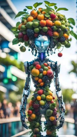 a full body portrait of a vegan hippie fashion cybernetic robotic fruit tree made of living plants in all colors and tasty fruits growing, and having a sentient look in its eyes, like a buddha, on a glass pier cat walk,bokeh like f/0.8, tilt-shift lens 8k, high detail, smooth render, down-light, unreal engine, prize winning