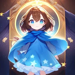 Clear focus, High resolution, A anime kid, cute, rough line skecth, star around kid, sparkling eyes, medium fluffy brown hair, blue sparkling eyes, 1girl (solo), wearing a blue snow cloak and a white shirt, epic battle stance, (((Full body)))