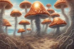 Standing on a beach of an alien world, mushrooms with jellyfish tentacles in the sky, photorealistic, Deep Colour, Fantastical, Intricate Detail, sunshine