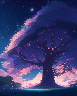 beautiful tree dissolving into sidereal space, illustration by Makoto Shinkai