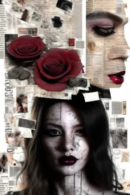 A collage about anxiety experienced by a beautiful woman, focus point of image, distant faces, ghosts, ripped pieces is newspaper clippings, suffocating, black rose petals, broken doll, ying-yang fading,abstract, chaos, epic photo, sharp on highly detailed skin with wrinkles and high contrast, photorealistic, 4K, 3D, realism, hyperrealism, detail, good lighting, detailed texture, modern photography style, 3D, 4D, 4K