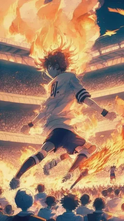 anime soccer player kicking a ball covered in fire, crowded stadium in the background