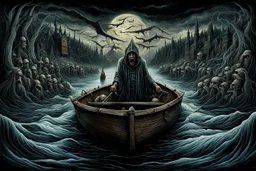 on the river Styx, in a special creepy boat, the boatman in the hood of Death, who takes the guilty people to the endless darkness, to hell on the boat, the crowd of crying, howling, begging dead, surreal style, dark colors, strange surreal nightmare landscape, high detail, sinister, surreal art, chillingly fascinating