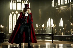 Still frame of Tom Hiddleston as Alucard from the live action "Hellsing" movie based on the anime of the same name. He is wearing his signature red hat and yellow glasses, while laughing in the moonlight.