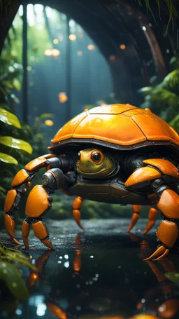 magazine cover, metallic yellow orange crab turtle robot chivalry knight with cute face in dark lit reflective wet jungle metallic hall dome hotel tunnel, in the style of fallout 4 game,bokeh like f/0.8, tilt-shift lens 8k, high detail, smooth render, down-light, unreal engine, prize winning