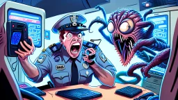 confused male cop dispatcher deals with evil virus hatching from the phone