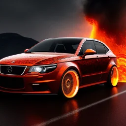 wide view of detailed phong shaded rendering of a car made of molten lava, headlights, bumpers