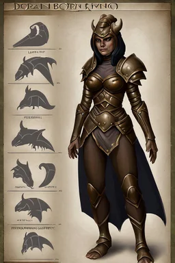 a female dragonborn inventor OC reference sheet, lightly armored