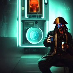 a cyberpunk hacker pirate captain holding a beer with a pirate hat sitting in front of a huge old crt monitor in a dark room , only light coming from crt monitor, highly detailed, intricate, digital art, trending on artstation, trending on cgsociety, by greg rutkowski