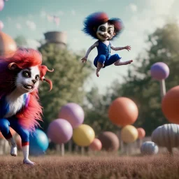 Ultra realistic circus scene. Sweet hair monster jumping and Child’s, smooth color, waist up view, Wes Anderson style, dark ambient, highly detailed, concept art, unreal engine 5, god rays, ray tracing, RTX, lumen lighting, ultra detail, volumetric lighting, 3d, finely drawn, high definition, high resolution.