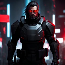 tall mysterious male bodyguard wearing kevlar body armor, red eyes, shoulder length hair, cyberpunk background, dark and intriguing, confident, intense, handsome, video game characer, trending ArtStation, trending DeviantArt