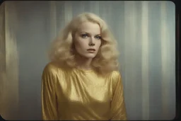 Actress Carroll baker , without a face, , hippie girl, gold paint,, in a liminal empty room, old autochrome